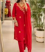 Red cotton poly embroidered kurta set