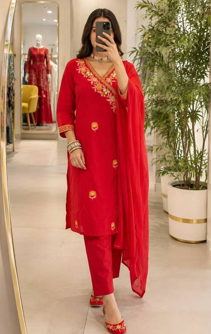 Red cotton poly embroidered kurta set