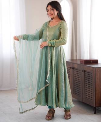 Light-green silk blend mirror work flared gown set 1