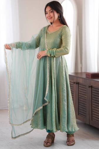Light-green silk blend mirror work flared gown set