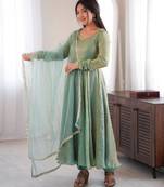 Light-green silk blend mirror work flared gown set
