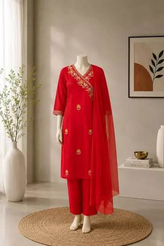Red cotton poly embroidered kurta set