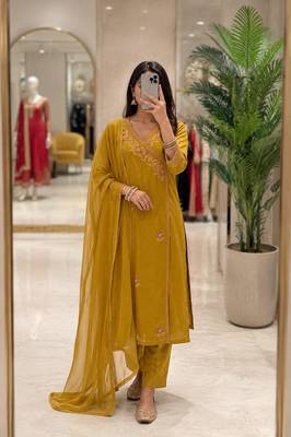 Yellow cotton poly embroidered kurta set 1
