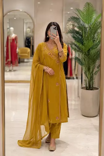 Yellow cotton poly embroidered kurta set