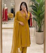 Yellow cotton poly embroidered kurta set