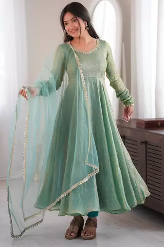 Light-green silk blend mirror work flared gown set