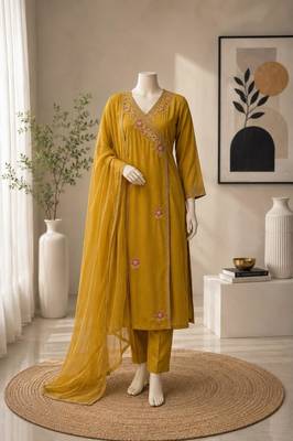 Yellow cotton poly embroidered kurta set 2