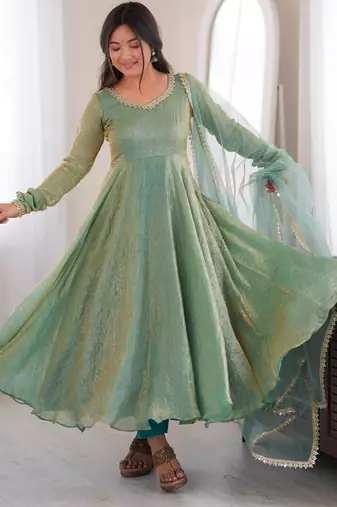 Light-green silk blend mirror work flared gown set