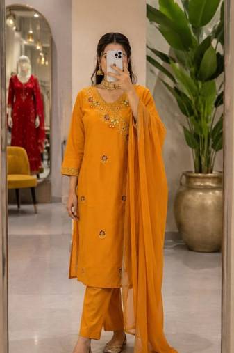 Dark-yellow cotton poly embroidered kurta set