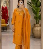 Dark-yellow cotton poly embroidered kurta set