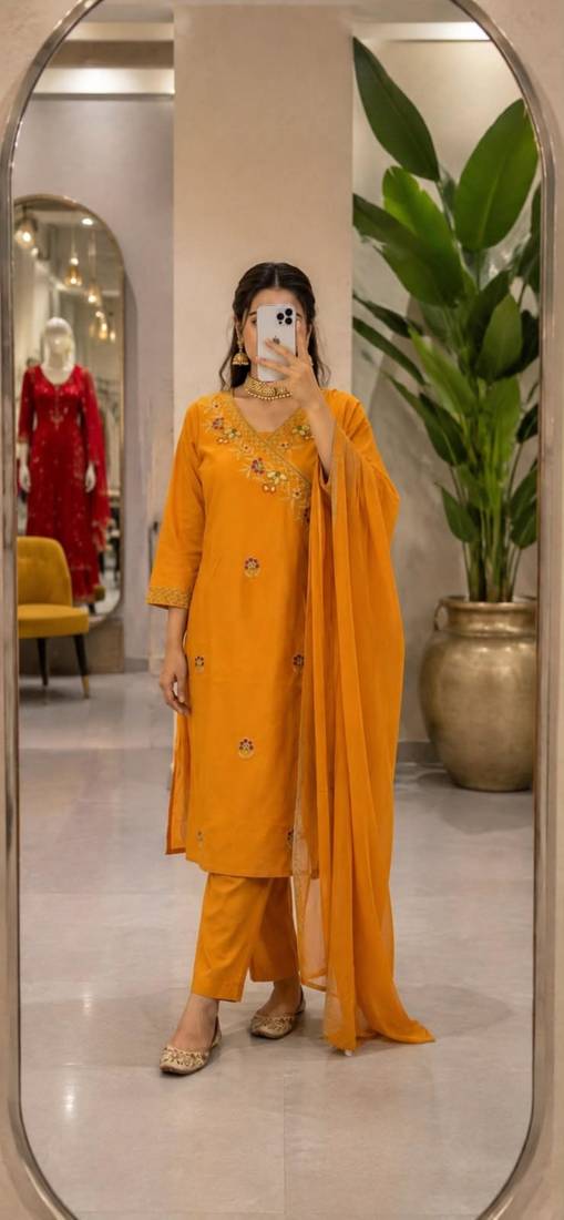 Dark-yellow cotton poly embroidered kurta set