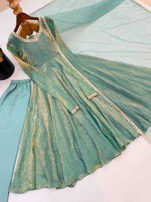 Light-green silk blend mirror work flared gown set 4