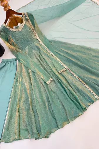 Light-green silk blend mirror work flared gown set