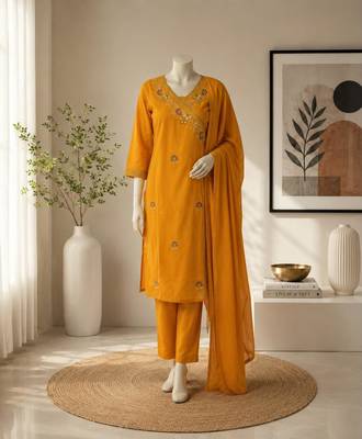 Dark-yellow cotton poly embroidered kurta set 2