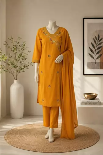 Dark-yellow cotton poly embroidered kurta set