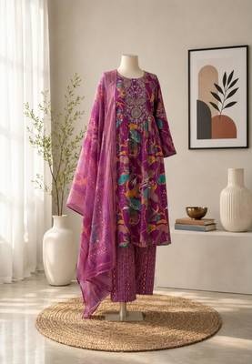 Purple silk blend printed kurta set 1
