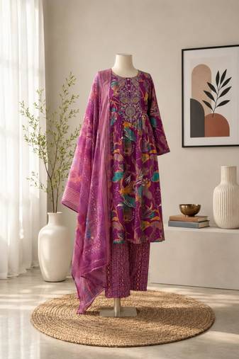 Purple silk blend printed kurta set