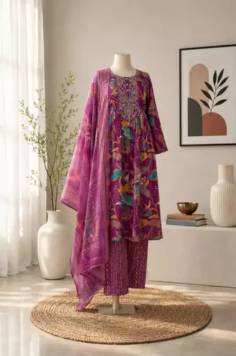 Purple silk blend printed kurta set