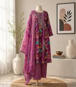 Purple silk blend printed kurta set