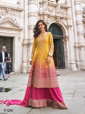 Yellow georgette readymade suit with jacquard print work 1