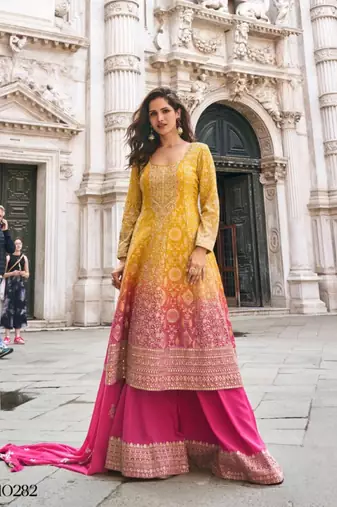 Yellow georgette readymade suit with jacquard print work