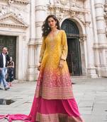Yellow georgette readymade suit with jacquard print work