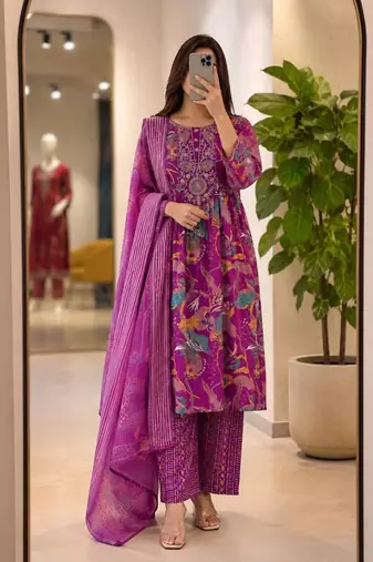 Purple silk blend printed kurta set