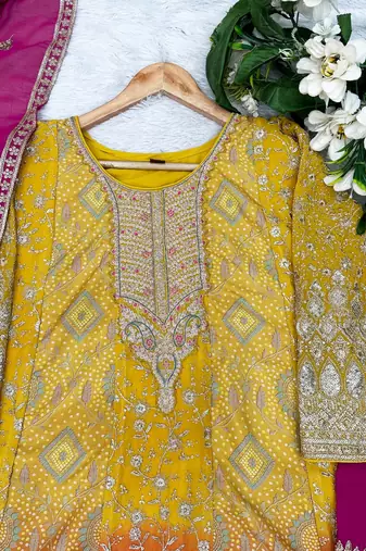 Yellow georgette readymade suit with jacquard print work