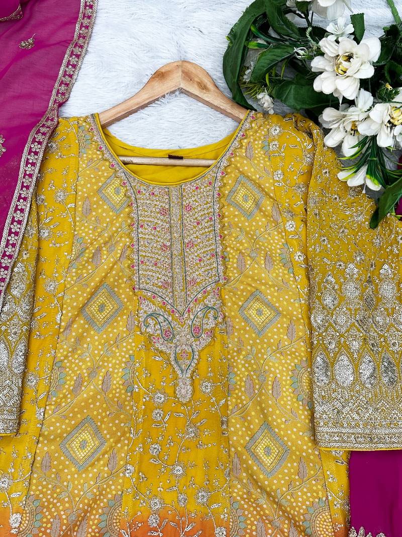 Yellow georgette readymade suit with jacquard print work