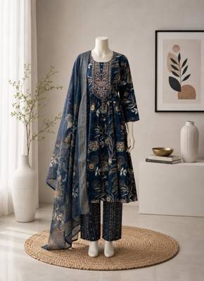 Navy-blue silk blend printed kurta set 1