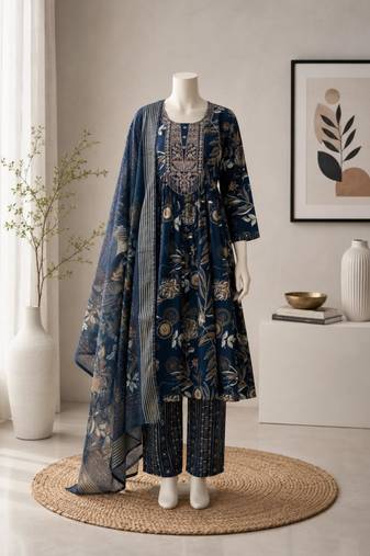 Navy-blue silk blend printed kurta set