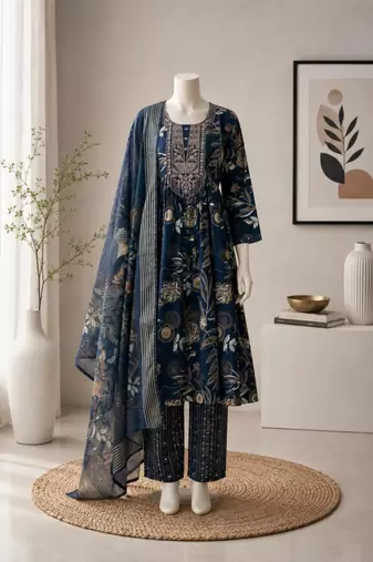 Navy-blue silk blend printed kurta set