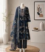 Navy-blue silk blend printed kurta set