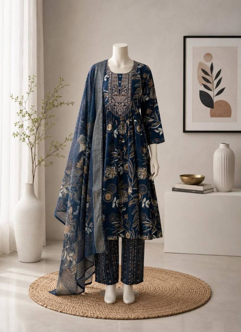 Navy-blue silk blend printed kurta set