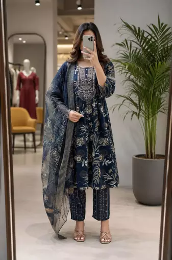 Navy-blue silk blend printed kurta set