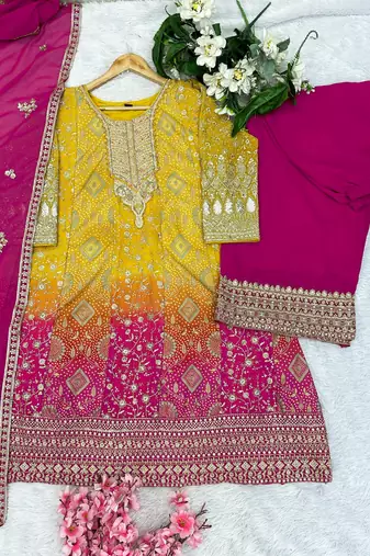 Yellow georgette readymade suit with jacquard print work