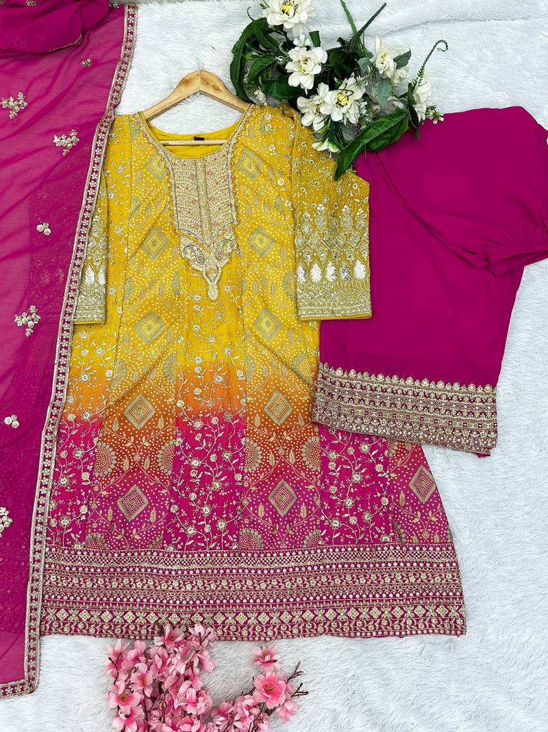 Yellow georgette readymade suit with jacquard print work