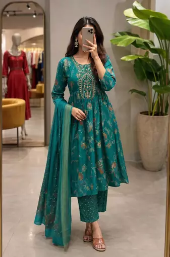 Teal silk blend printed kurta set
