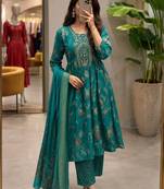 Teal silk blend printed kurta set