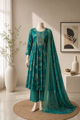 Teal silk blend printed kurta set 2