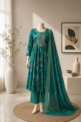 Teal silk blend printed kurta set