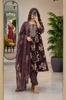 Wine silk blend printed kurta set 1
