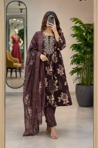 Wine silk blend printed kurta set