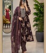 Wine silk blend printed kurta set