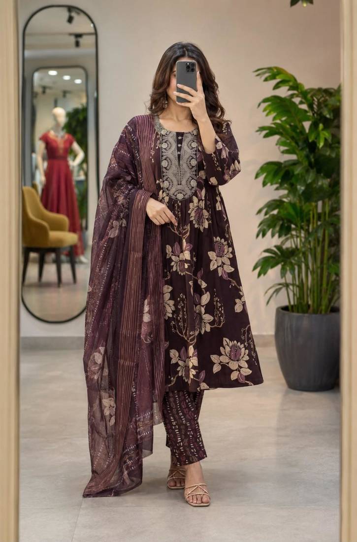 Wine silk blend printed kurta set