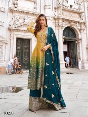 Yellow georgette readymade suit with jacquard print work 1