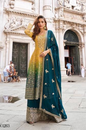 Yellow georgette readymade suit with jacquard print work