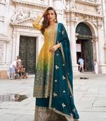 Yellow georgette readymade suit with jacquard print work