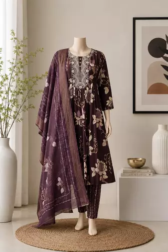 Wine silk blend printed kurta set