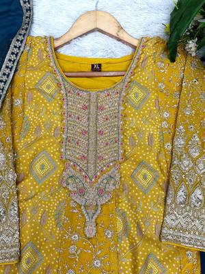 Yellow georgette readymade suit with jacquard print work 2